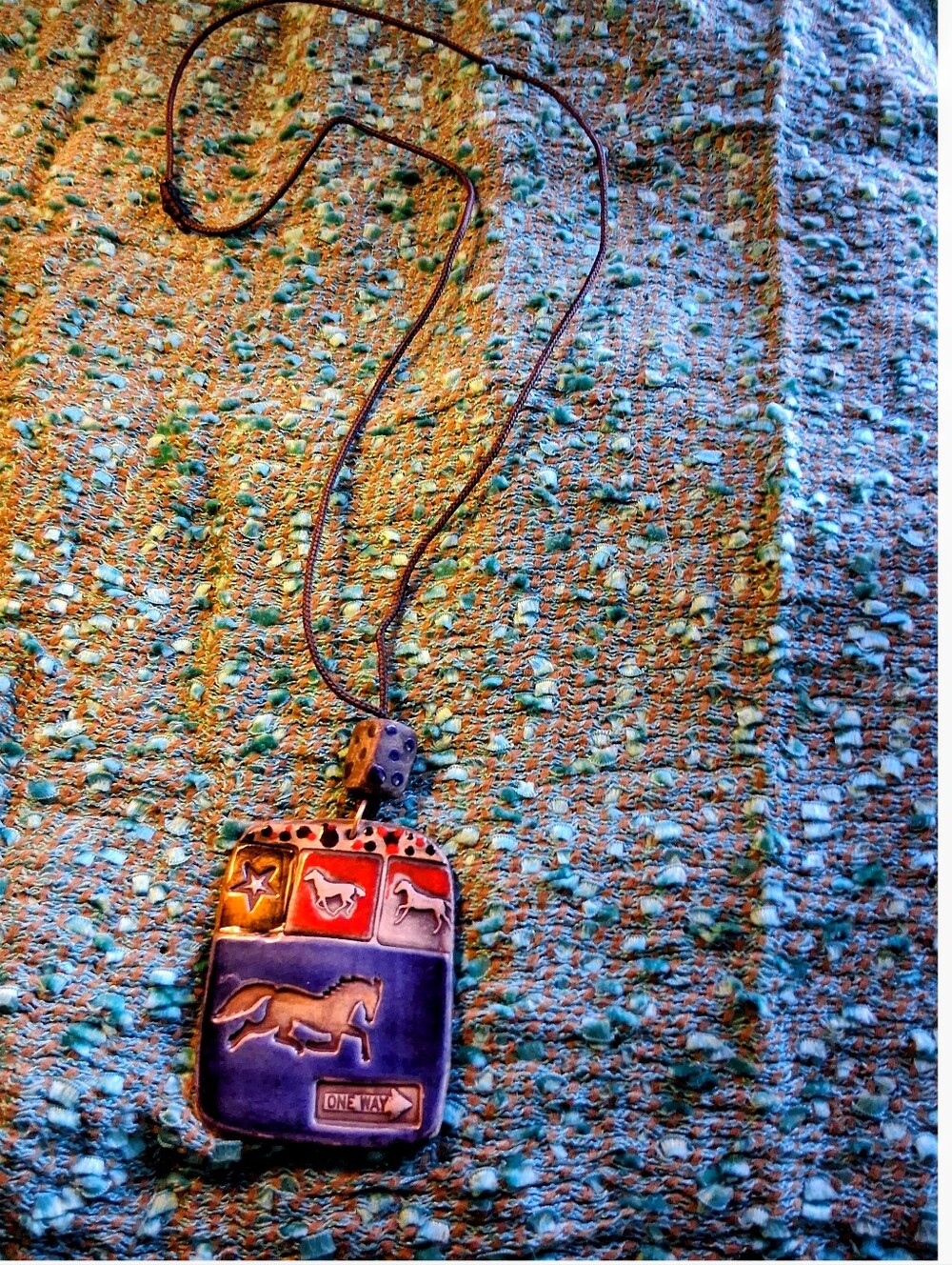 Equestrian Motif Pendant Necklace — Blue and Red Accents